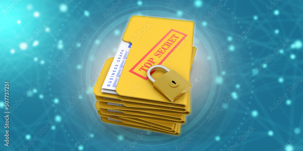 Poster yellow folder and lock. data security concept. 3d rendering