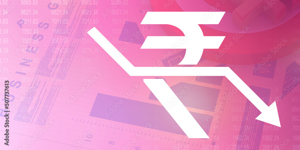 Poster 2d rendering deflation arrow with symbol of rupee
