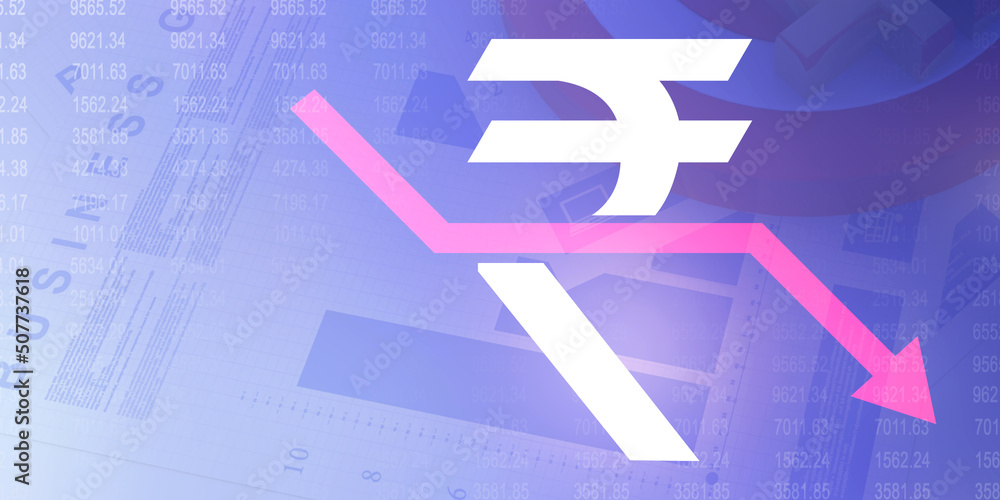 Poster 2d rendering deflation arrow with symbol of rupee