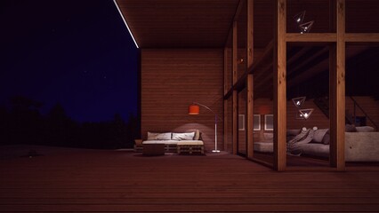 Fototapeta na wymiar terrace with sofa and lamp in the tropical house in the evening dark sky and stars 3d illustration