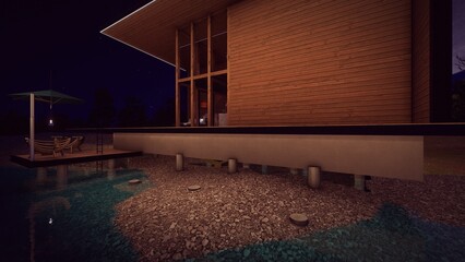 lounge furniture in the water side in dark nature background and little stars 3d illustration
