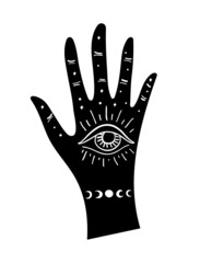 Witch palm with tattoos and mystical symbols. Vector magic icon isolated on white background, symbol of witchcraft, tarot, foresight, fate.