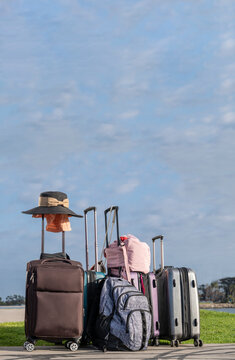 Luggage Lined Up On A Hill
