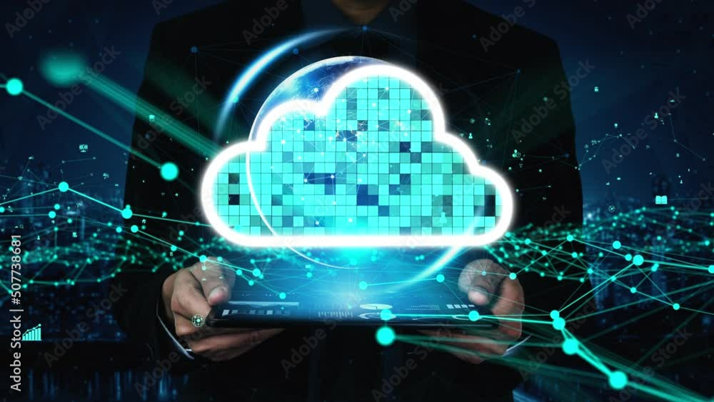Poster conceptual cloud computing and data storage technology for future innovation . 3d render computer gr