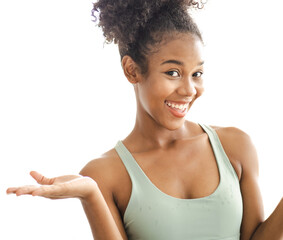 Beautiful black woman looking at camera smiling. portrait of African American woman with brown healthy skin isolated on white background. Smiling fashionable afro hairstyle, curly dark hair girl.