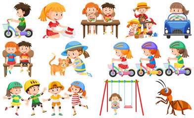 Set of cute kids and objects