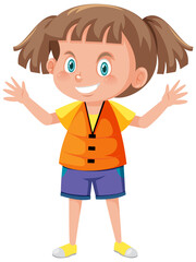 Little girl wearing orange life jacket in cartoon style