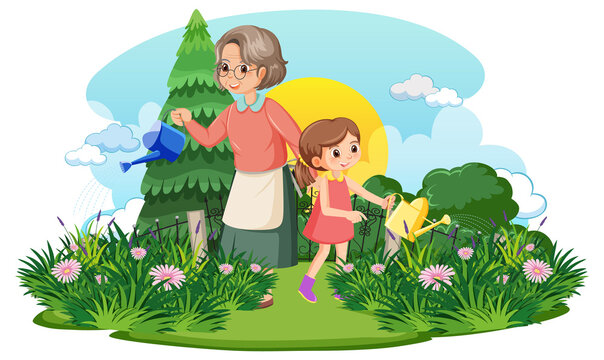 Grandmother and her niece gardening