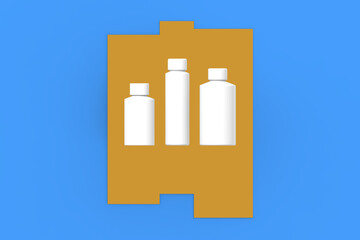 White cosmetic bottles, isolated on a blue background. Cosmetic packaging. Three containers for cosmetics. Horizontal image. 3d image. 3d rendering.