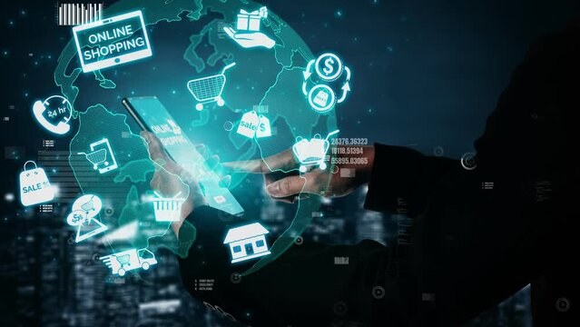Online shopping and Internet Money Payment Transaction Technology conceptual . Modern graphic interface showing e-commerce retail store for customer to purchase on website and pay by online transfer.