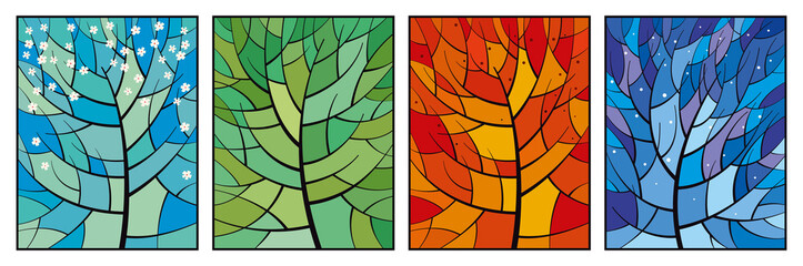 Stained glass window Seasons. A set of four vertical pictures. Tree branches and bright colored tiles