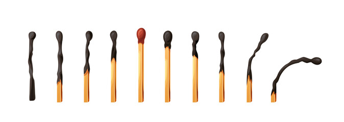 Burnt match stick with fire. Set of matchsticks with sulfur head flaming stages from ignition to extinction. Cartoon spark bonfire vector illustration