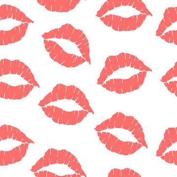 Kiss mark seamless pattern in red and pink colors. Lips prints silhouette. Stamp makeup printfrom mouth. Vector illustration