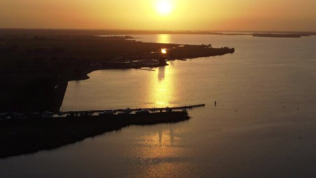 Evening sunset at the riverside of Bunschoten-Spakenburg, The Netherlands 