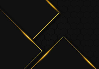 Modern Black Luxury Background with Gold Line Decoration on Dark Hexagon Pattern Metallic Background