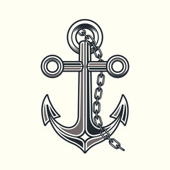 Anchor with chain vector object or design element in vintage monochrome style isolated on light background