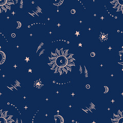 Obraz na płótnie Canvas Magical seamless pattern with the sun, stars, moon. Alchemical cosmos. Celestial pattern. Vector hand-drawn background. 