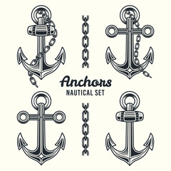 Anchors set of nautical vector objects or design elements in vintage monochrome style isolated on light background © Flat_Enot