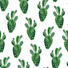 Watercolor seamless opuntia cactus pattern. Botanical cacti background.