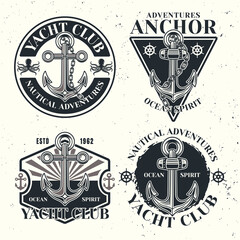 Yacht club set of vector emblems, labels, badges or logos in monochrome vintage style isolated on light background