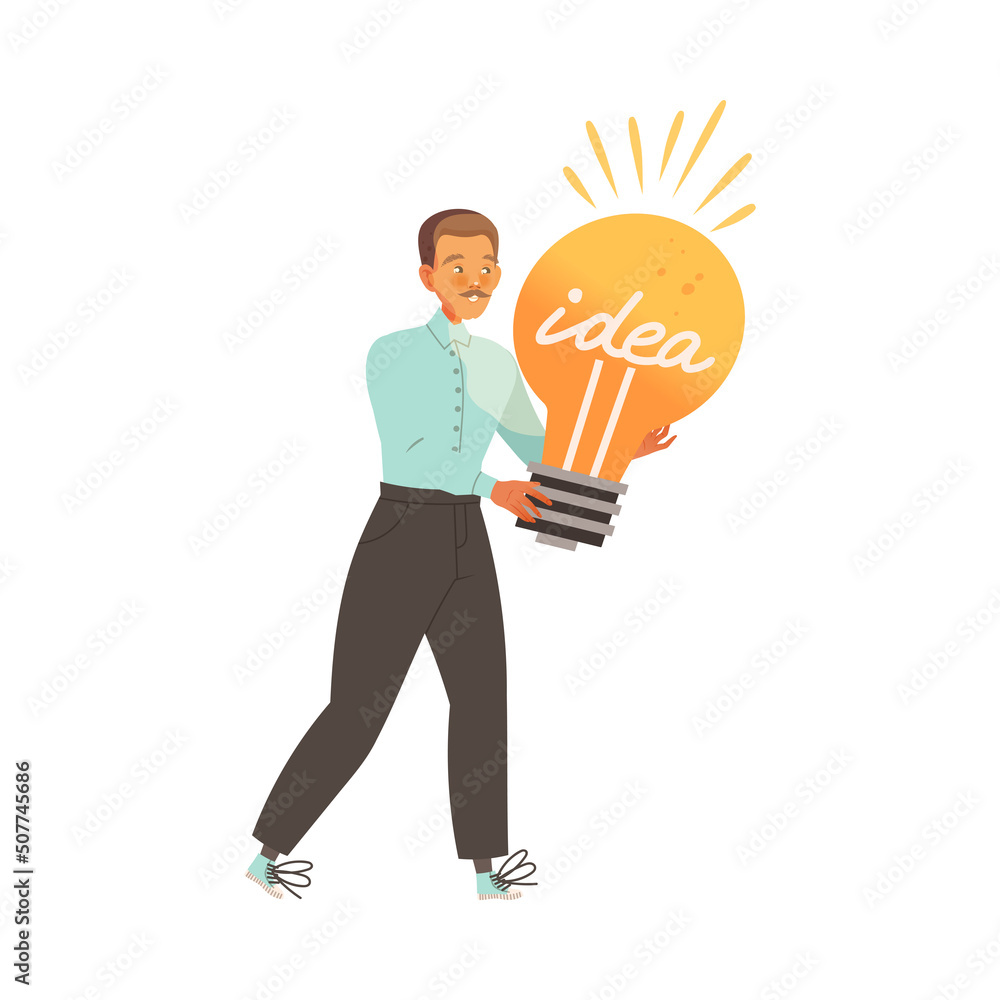 Poster man carrying huge light bulb as smart idea and solution vector illustration