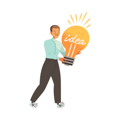 Man Carrying Huge Light Bulb as Smart Idea and Solution Vector Illustration