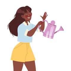 Young Woman with Watering Can Engaged in Planting and Gardening Saving Earth Taking Care of Nature and Environment Vector Illustration