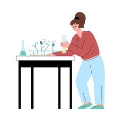 Agronomist or biologist studying plants, flat vector illustration isolated.