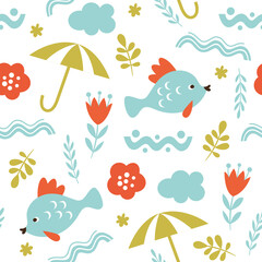 Naklejka na ściany i meble Seamless pattern with fish and plants. Fabric pattern, kids apparel print, wrapping gift paper 