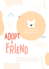 Adopt a friend concept. Flyer template with place for photo of animal. Social placard, poster for animal adoption. Creative vector illustration, background with abstract shapes, rainbow, cloud.