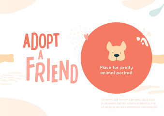 Adopt a friend banner template with place for photo of animal. Vector illustration, social placard, poster for animal adoption. Creative concept, background with abstract shapes.