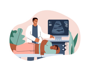 Doctor conducts an ultrasound examination flat vector illustration isolated.