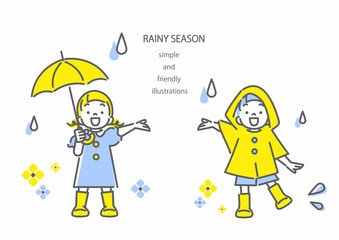 雨の日の子供たち　女の子　男の子　シンプルでかわいい線画イラスト