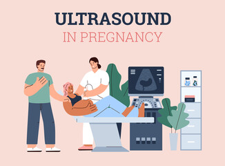 Ultrasound checkup in pregnancy banner, flat vector illustration isolated.