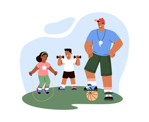 Boy and girl with teacher in backyard school gym vector illustration isolated.