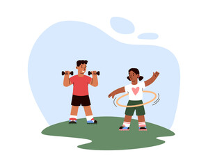 Children play sports outdoor flat style, vector illustration