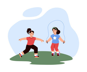 Girls, children do fitness outdoors, in a clearing, vector flat illustration on a white background.