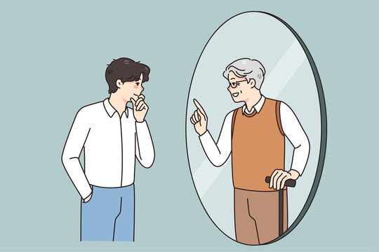 Young man look in mirror see talk with future old self. Younger generation male get advice from older generation himself. Lifetime and self-realization. Vector illustration. 