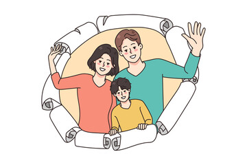 Happy young family with kid peep through paper hole greeting with birthday make surprise. Smiling parents with kid have fun look through opening. Party and celebration. Vector illustration. 