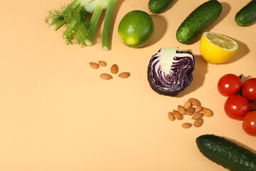 Fruits, vegetables and almonds, space for text