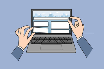 Close up of person hands move UI elements designing website on laptop. Web designer work create web page on computer. Technology and IT concept. Vector illustration. 