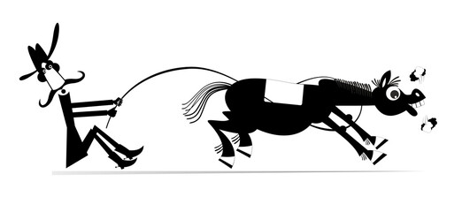 Cartoon rider lassoes a horse. 
Rodeo. Farmer or cowboy tries to stop the running away horse with lasso. Black on white background
 - obrazy, fototapety, plakaty