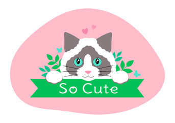 Cat Vector illustration. Ragdoll Cat with paws and the inscription "So Cute". Background of leaves and hearts. Flat cartoon Kawaii Ragdoll Kitten. Design is great for a nursery poster, card, T-shirt.