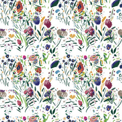 Seamless pattern with wildflowers on watercolor paper background.