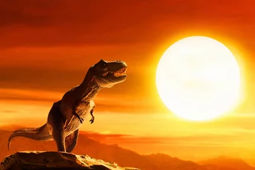Foto op Plexiglas Dinosaurus, tyrannosaurus rex op de top van de berg © fotokitas