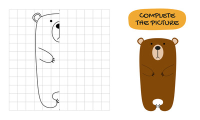 Copy the symmetrical pattern of a cute bear in the cells. Drawing task for kids on a grid, educational vector illustration. Coloring book page. - obrazy, fototapety, plakaty