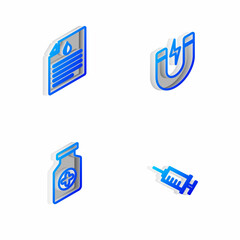 Set Isometric line Magnet with lightning, Clipboard blood test, Medicine bottle and Syringe icon. Vector