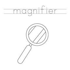 Trace the letters and color cartoon magnifier. Handwriting practice for kids.