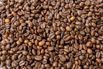 Roasted coffee beans, background, top view