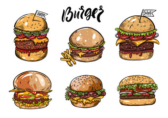 Hand drawn colorful burger set sketch. Vector illustration isolated on white background